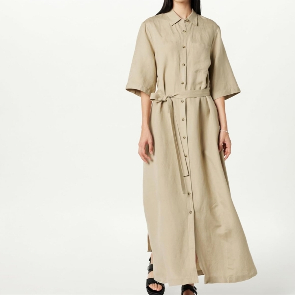 🖤THE DROP Elegant Tan Button-Down Long Shirt Dress - Size XL